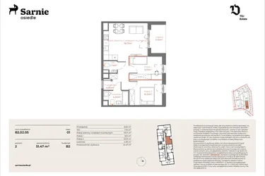Rzut - Mieszkanie na sprzedaż 3 pokoje o powierzchni 51,47 m² - numer B2-02.05 w Sarnie Osiedle