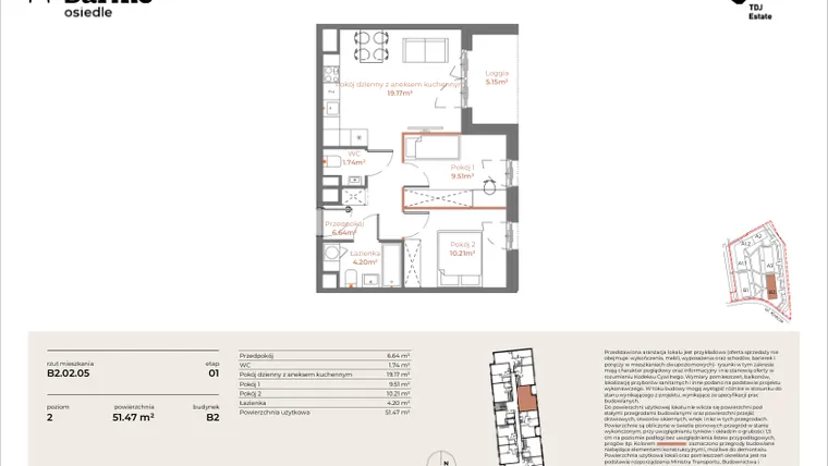Rzut - Mieszkanie na sprzedaż 3 pokoje o powierzchni 51,47 m² - numer B2-02.05 w Sarnie Osiedle