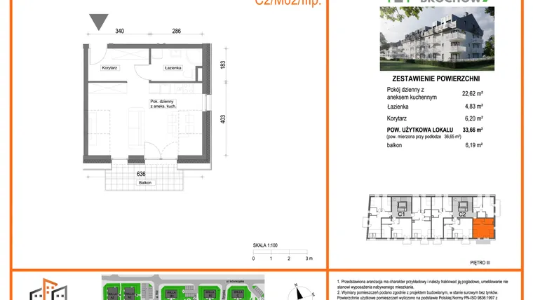 Rzut - Mieszkanie na sprzedaż 1 pokój o powierzchni 33,66 m² - numer C2/M02/3P w Zielony Brochów 7