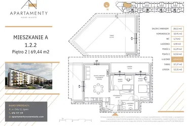 Rzut - Mieszkanie na sprzedaż 3 pokoje o powierzchni 69,44 m² - numer A1.2.2 w Apartamenty Nowe Miasto