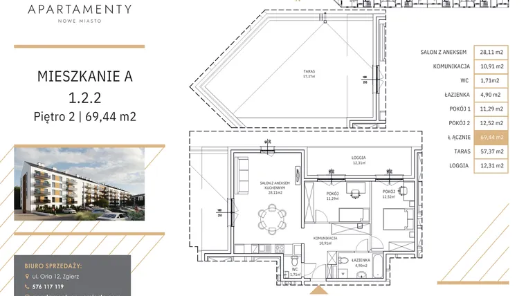 Rzut - Mieszkanie na sprzedaż 3 pokoje o powierzchni 69,44 m² - numer A1.2.2 w Apartamenty Nowe Miasto