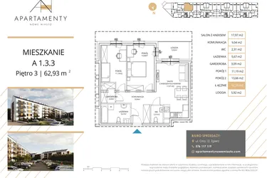 Rzut - Mieszkanie na sprzedaż 3 pokoje o powierzchni 62,93 m² - numer A1.3.3 w Apartamenty Nowe Miasto