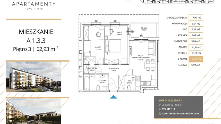 Rzut - Mieszkanie na sprzedaż 3 pokoje o powierzchni 62,93 m² - numer A1.3.3 w Apartamenty Nowe Miasto