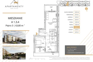 Rzut - Mieszkanie na sprzedaż 3 pokoje o powierzchni 63,8 m² - numer A1.3.4 w Apartamenty Nowe Miasto