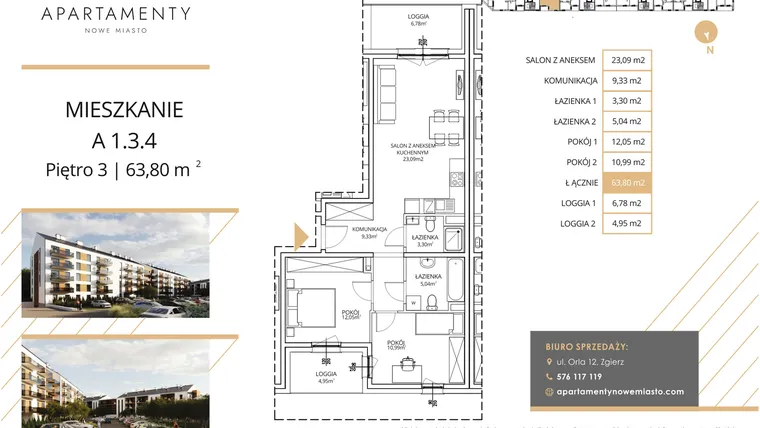 Rzut - Mieszkanie na sprzedaż 3 pokoje o powierzchni 63,8 m² - numer A1.3.4 w Apartamenty Nowe Miasto