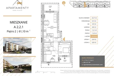 Rzut - Mieszkanie na sprzedaż 3 pokoje o powierzchni 61,1 m² - numer A2.2.1 w Apartamenty Nowe Miasto