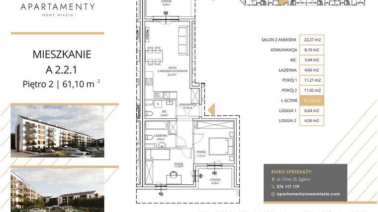 Rzut - Mieszkanie na sprzedaż 3 pokoje o powierzchni 61,1 m² - numer A2.2.1 w Apartamenty Nowe Miasto