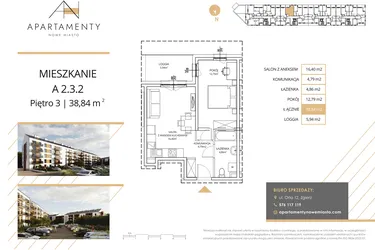 Rzut - Mieszkanie na sprzedaż 2 pokoje o powierzchni 38,84 m² - numer A2.3.2 w Apartamenty Nowe Miasto