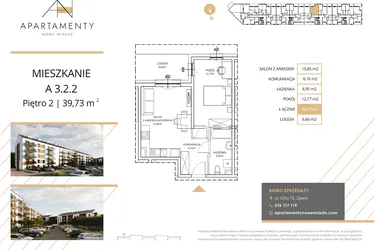 Rzut - Mieszkanie na sprzedaż 2 pokoje o powierzchni 39,73 m² - numer A3.2.2 w Apartamenty Nowe Miasto