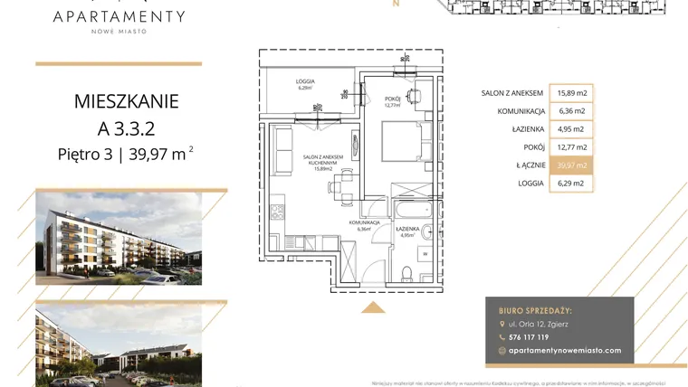 Rzut - Mieszkanie na sprzedaż 2 pokoje o powierzchni 39,97 m² - numer A3.3.2 w Apartamenty Nowe Miasto
