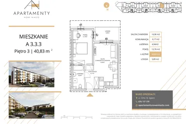 Rzut - Mieszkanie na sprzedaż 2 pokoje o powierzchni 40,83 m² - numer A3.3.3 w Apartamenty Nowe Miasto