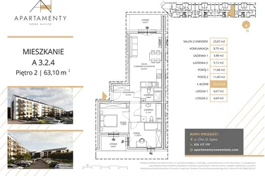 Rzut - Mieszkanie na sprzedaż 3 pokoje o powierzchni 63,1 m² - numer A3.2.4 w Apartamenty Nowe Miasto