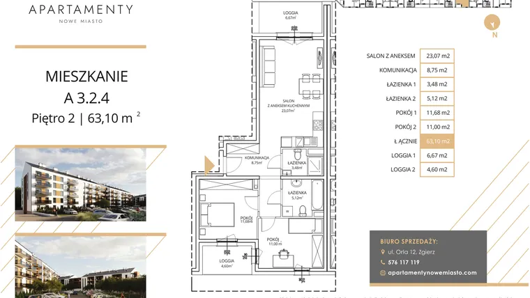 Rzut - Mieszkanie na sprzedaż 3 pokoje o powierzchni 63,1 m² - numer A3.2.4 w Apartamenty Nowe Miasto