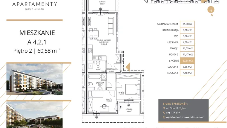 Rzut - Mieszkanie na sprzedaż 3 pokoje o powierzchni 60,58 m² - numer A4.2.1 w Apartamenty Nowe Miasto