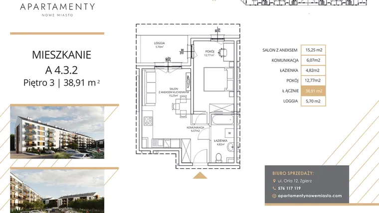 Rzut - Mieszkanie na sprzedaż 2 pokoje o powierzchni 38,91 m² - numer A4.3.2 w Apartamenty Nowe Miasto