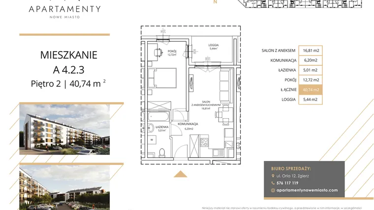 Rzut - Mieszkanie na sprzedaż 2 pokoje o powierzchni 40,74 m² - numer A4.2.3 w Apartamenty Nowe Miasto