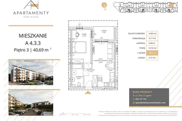 Rzut - Mieszkanie na sprzedaż 2 pokoje o powierzchni 40,69 m² - numer A4.3.3 w Apartamenty Nowe Miasto