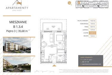 Rzut - Mieszkanie na sprzedaż 2 pokoje o powierzchni 35,68 m² - numer B1.3.4 w Apartamenty Nowe Miasto