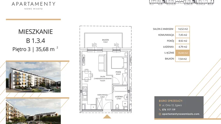 Rzut - Mieszkanie na sprzedaż 2 pokoje o powierzchni 35,68 m² - numer B1.3.4 w Apartamenty Nowe Miasto