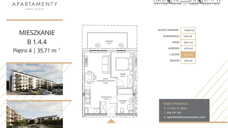 Rzut - Mieszkanie na sprzedaż 2 pokoje o powierzchni 35,71 m² - numer B1.4.4 w Apartamenty Nowe Miasto