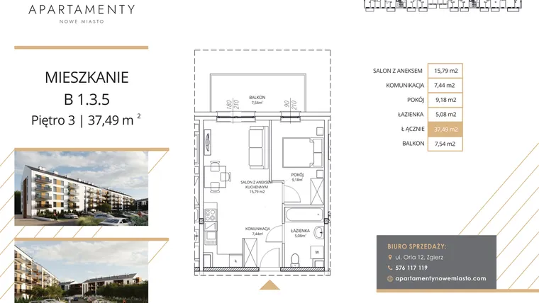Rzut - Mieszkanie na sprzedaż 2 pokoje o powierzchni 37,49 m² - numer B1.3.5 w Apartamenty Nowe Miasto