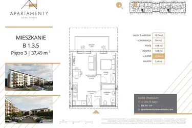Rzut - Mieszkanie na sprzedaż 2 pokoje o powierzchni 37,49 m² - numer B1.3.5 w Apartamenty Nowe Miasto
