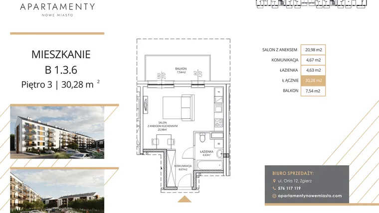 Rzut - Mieszkanie na sprzedaż 1 pokój o powierzchni 30,28 m² - numer B1.3.6 w Apartamenty Nowe Miasto