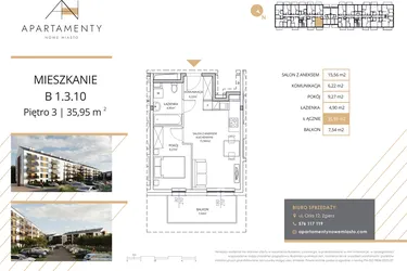 Rzut - Mieszkanie na sprzedaż 2 pokoje o powierzchni 35,95 m² - numer B1.3.10 w Apartamenty Nowe Miasto
