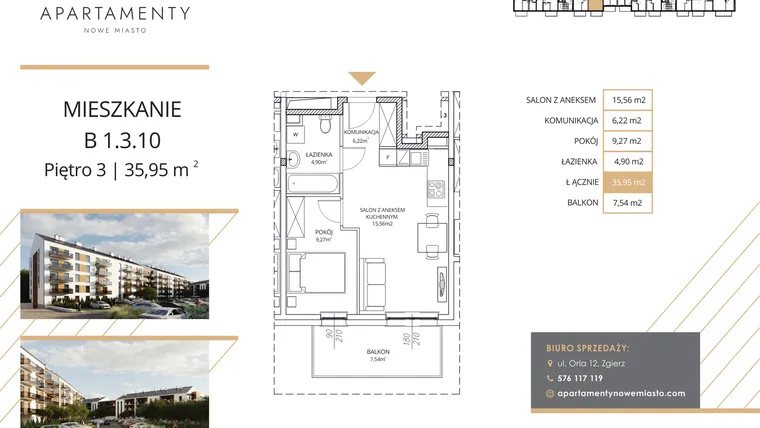 Rzut - Mieszkanie na sprzedaż 2 pokoje o powierzchni 35,95 m² - numer B1.3.10 w Apartamenty Nowe Miasto