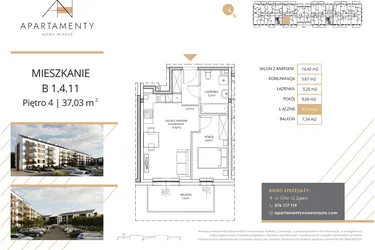 Rzut - Mieszkanie na sprzedaż 2 pokoje o powierzchni 37,03 m² - numer B1.4.11 w Apartamenty Nowe Miasto