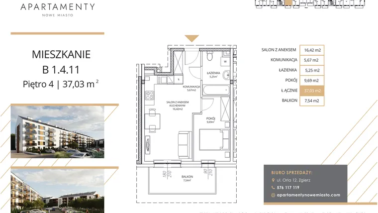 Rzut - Mieszkanie na sprzedaż 2 pokoje o powierzchni 37,03 m² - numer B1.4.11 w Apartamenty Nowe Miasto