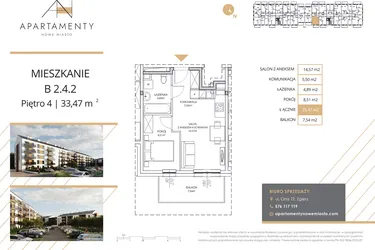 Rzut - Mieszkanie na sprzedaż 2 pokoje o powierzchni 33,47 m² - numer B2.4.2 w Apartamenty Nowe Miasto