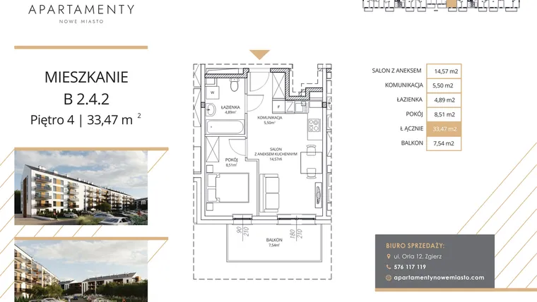 Rzut - Mieszkanie na sprzedaż 2 pokoje o powierzchni 33,47 m² - numer B2.4.2 w Apartamenty Nowe Miasto