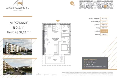 Rzut - Mieszkanie na sprzedaż 2 pokoje o powierzchni 37,52 m² - numer B2.4.11 w Apartamenty Nowe Miasto