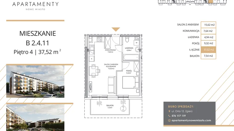 Rzut - Mieszkanie na sprzedaż 2 pokoje o powierzchni 37,52 m² - numer B2.4.11 w Apartamenty Nowe Miasto