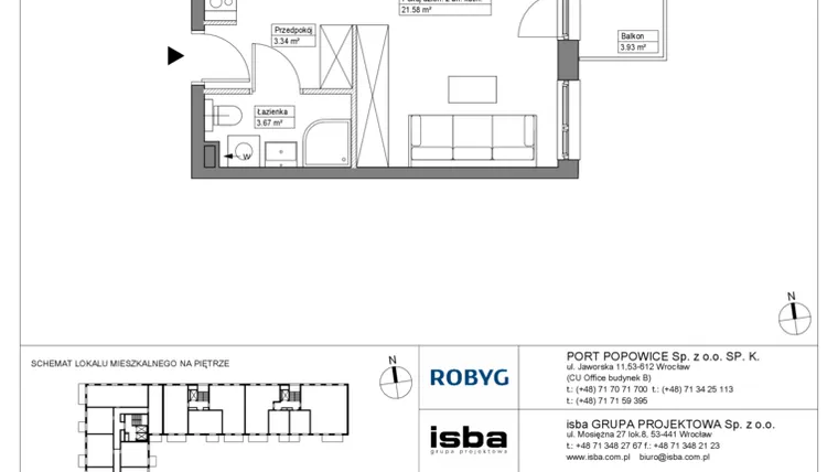 Rzut - Mieszkanie na sprzedaż 1 pokój o powierzchni 28,62 m² - numer PPO/W/A/1/3 w Port Popowice bud. W