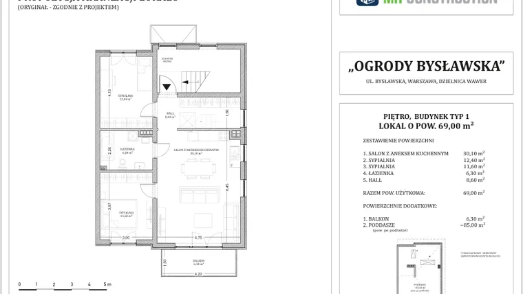 Rzut - Mieszkanie na sprzedaż 3 pokoje o powierzchni 69,4 m² - numer 17.1.0 w Ogrody Bysławska
