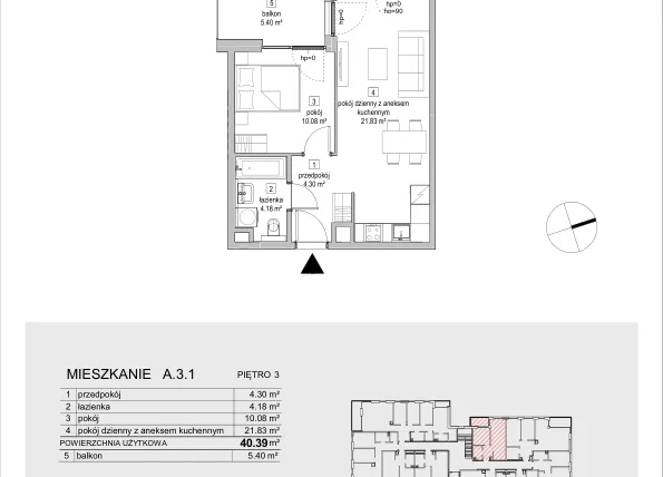 Rzut - Mieszkanie na sprzedaż 2 pokoje o powierzchni 40,39 m² - numer A.3.1 w ATAL Symbioza IA