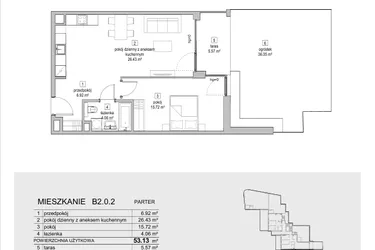 Rzut - Mieszkanie na sprzedaż 2 pokoje o powierzchni 53,13 m² - numer B2.0.2 w ATAL Symbioza IB