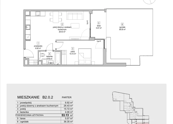 Rzut - Mieszkanie na sprzedaż 2 pokoje o powierzchni 53,13 m² - numer B2.0.2 w ATAL Symbioza IB