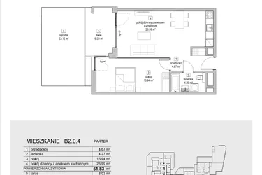 Rzut - Mieszkanie na sprzedaż 2 pokoje o powierzchni 51,83 m² - numer B2.0.4 w ATAL Symbioza IB