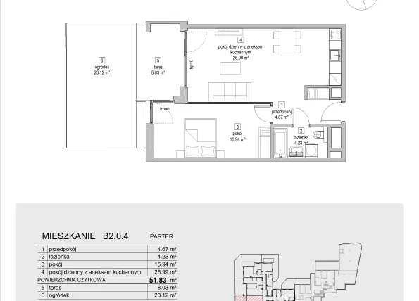Rzut - Mieszkanie na sprzedaż 2 pokoje o powierzchni 51,83 m² - numer B2.0.4 w ATAL Symbioza IB