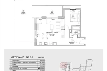 Rzut - Mieszkanie na sprzedaż 2 pokoje o powierzchni 49,09 m² - numer B2.0.6 w ATAL Symbioza IB
