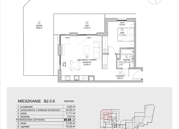 Rzut - Mieszkanie na sprzedaż 2 pokoje o powierzchni 49,09 m² - numer B2.0.6 w ATAL Symbioza IB