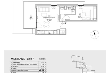 Rzut - Mieszkanie na sprzedaż 2 pokoje o powierzchni 42,06 m² - numer B2.0.7 w ATAL Symbioza IB