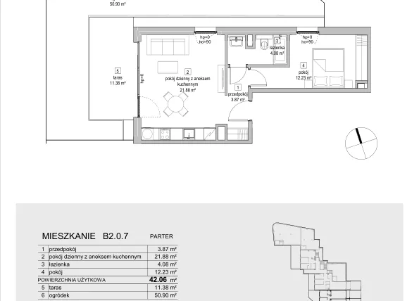 Rzut - Mieszkanie na sprzedaż 2 pokoje o powierzchni 42,06 m² - numer B2.0.7 w ATAL Symbioza IB
