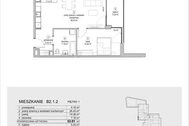 Rzut - Mieszkanie na sprzedaż 2 pokoje o powierzchni 53,01 m² - numer B2.1.2 w ATAL Symbioza IB