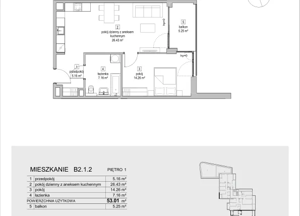 Rzut - Mieszkanie na sprzedaż 2 pokoje o powierzchni 53,01 m² - numer B2.1.2 w ATAL Symbioza IB