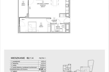 Rzut - Mieszkanie na sprzedaż 2 pokoje o powierzchni 51,81 m² - numer B2.1.4 w ATAL Symbioza IB