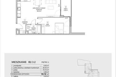 Rzut - Mieszkanie na sprzedaż 2 pokoje o powierzchni 53,14 m² - numer B2.3.2 w ATAL Symbioza IB